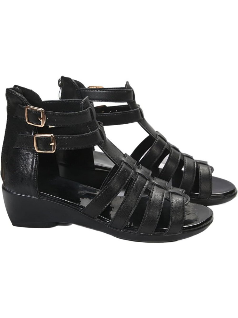 Stylish Black Leather High Top Gladiator Sandals - Summer Peep Toe Wedge Flats